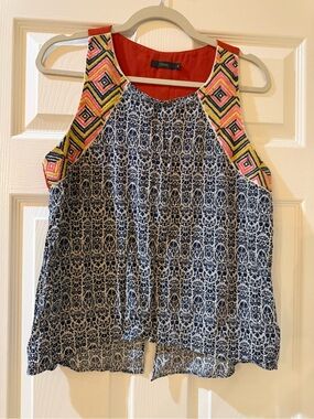Anthropologie THML Navy Printed Tank with Coral, Yellow & Pink Embroidered Yoke